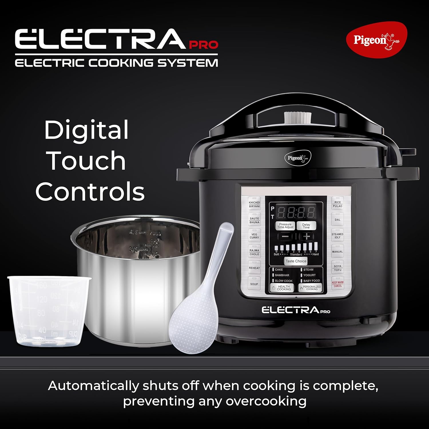 Pigeon By Stovekraft Electra Pro 3 Litre Electric Pressure Cooker with Digital Display | 18 Indian Preset Menu | Automatic Rice Cooker